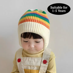 SYGA Baby Winter Cap 1-5 Years Wool Multi-Stripe Warm Knitted Hat with Ear Protection Rainbow hat [Beige]