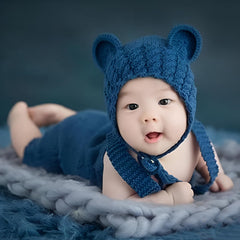 Baby Photography Costume Set, Knitted Bear Ear Beanie Cap with Romper, Navy Blue