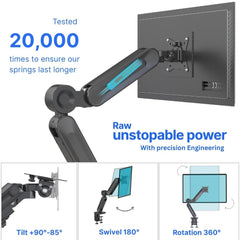 UNIQ MOUNTS™ Heavy Duty Premium 13''-42'' Gas Spring Assisted Single Arm Monitor Arm, Full Motion Desk Mount with 180° Swivel, 360° Rotation,+90°-85° Tilt VESA 75x75/100x100, 15kg Weight Load