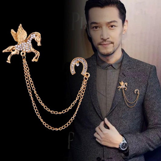 SYGA Men's & Women Suit Shirt Stud Lapel Pin Chain Tassel Brooch Pin with Pegasus Design Crystal Chain(Golden)