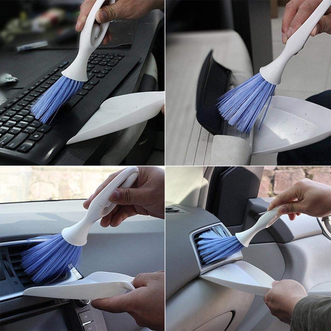 Syga Plastic Auto Car Cleaning Brush Broom with Dustpan Dashboard Outlet Vent Set Keyboard Cleaner Tools, Small, Blue and White