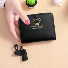 SYGA Women's Leather Wallet Short Cute Bear Tassel Coin Purse Zipper Bag(Black)