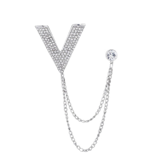 SYGA Men's & Women Suit Shirt Stud Lapel Pin Chain Tassel Brooch Pin with Crystal Chain(Big V silver)