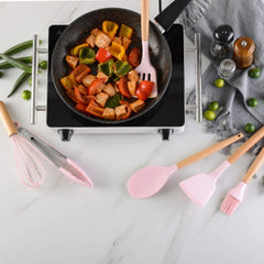Syga Silicone Kitchen Spoon Utensil Set, 11 Piece (Pink)