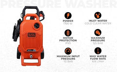 BLACK+DECKER BEPW1600 1300W 1600 PSI 110 Bar Pressure Washer for Car, Bike, Home & Garden Cleaning Use with Multiple Accessories Included, 1 Year Warranty, Orange & Black