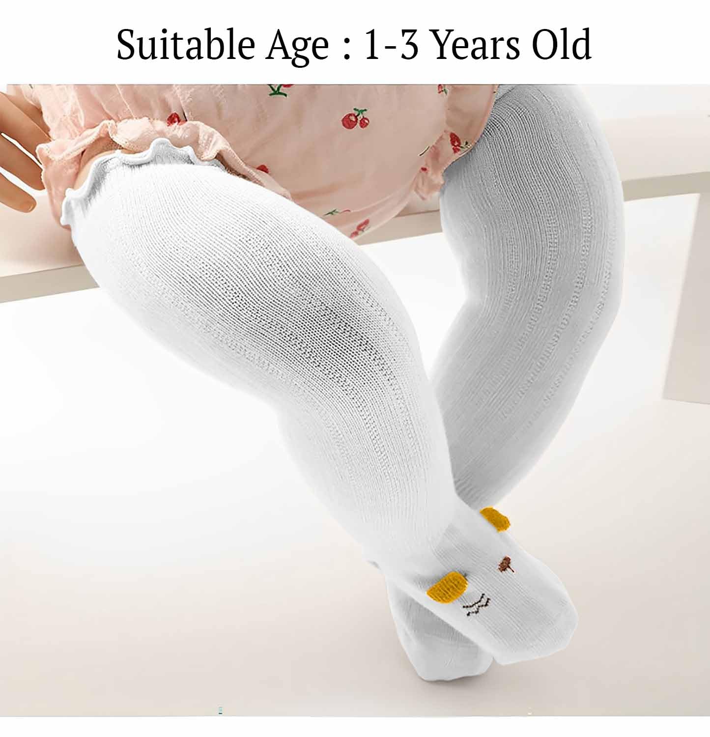 SYGA Baby Long Socks Cotton, Over the Knee, No Tightness, High-Top, Cute Design - M Size, Suitable for 6-12 Months (White)