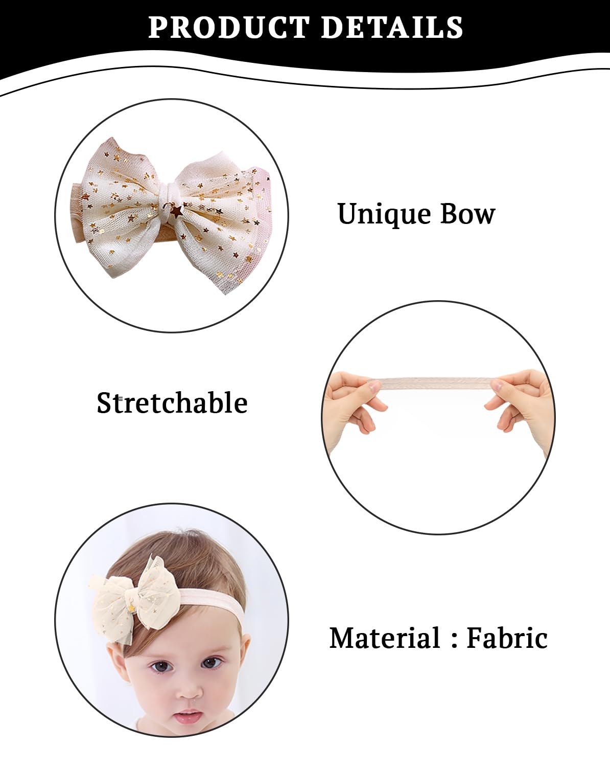 SYGA 3 Pcs Baby Girl Headband Soft Flower Bow Strechable Hairband Suitable For Newborns, Infants, Toddlers and Kids 0-3 Years(Golden Crown Double Flower)