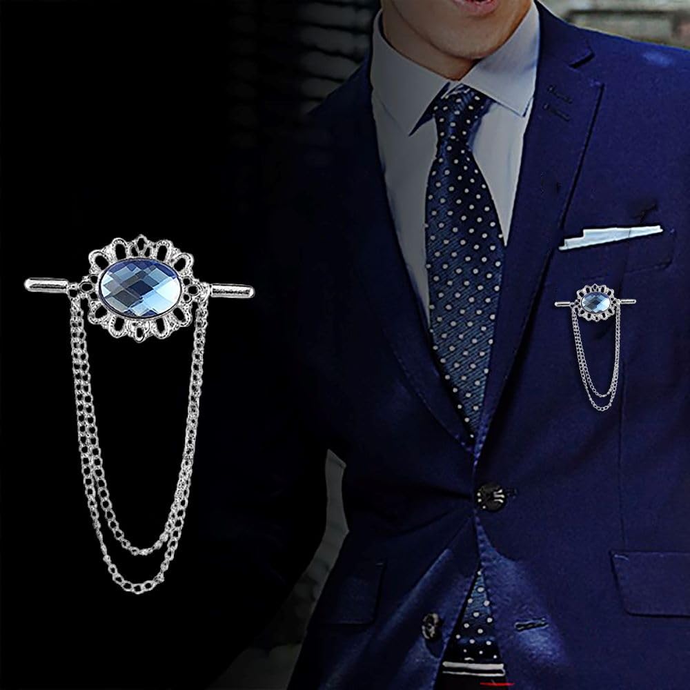 SYGA Men's & Women Suit Shirt Stud Lapel Pin Chain Tassel Brooch Pin with Crystal Chain(sapphire)