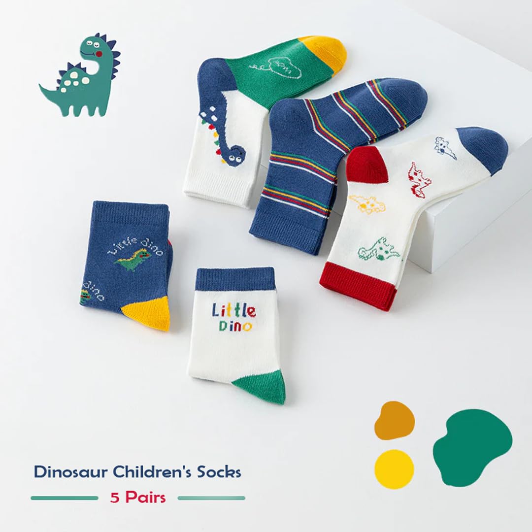 SYGA 5 Pairs Baby Girl & Baby Boy Socks, Toddlers Infant Cotton Stretch Crew Socks with Dianasor Design, Suitable for 2-5 years baby