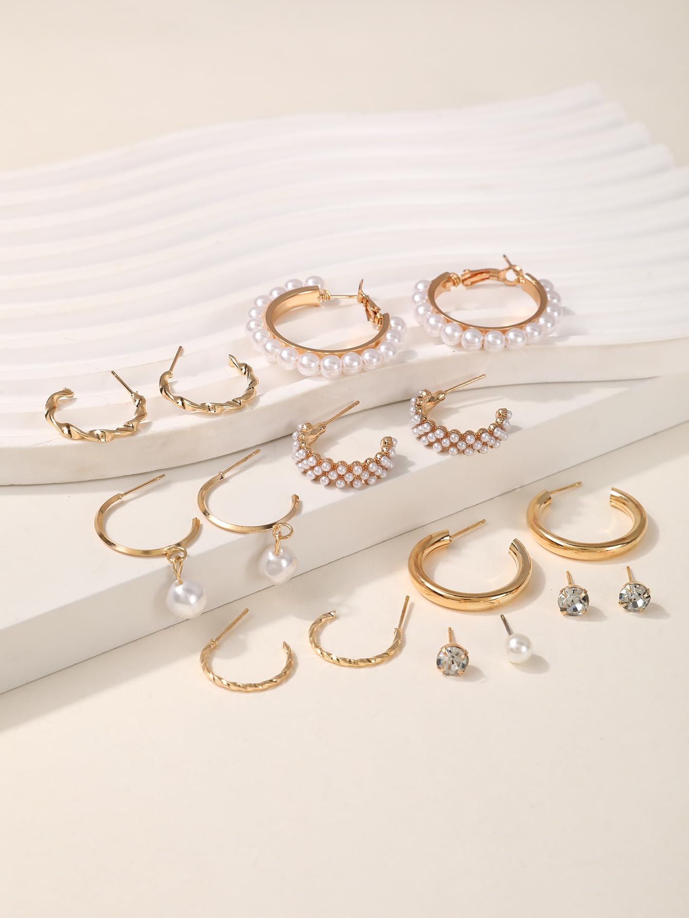 SYGA Little Pearl Earrings Set of 9, Celebrity Inspired Latest Stylish Gold Plated Hoop and Crystal Pearl Stud Earrings for Women