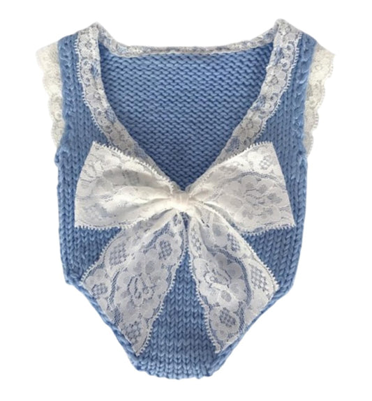 MOMISY Baby girl's Photography Photoshoot Costume,crochet Romper with lace boarder and lace bow on backside (Blue, Newborn)