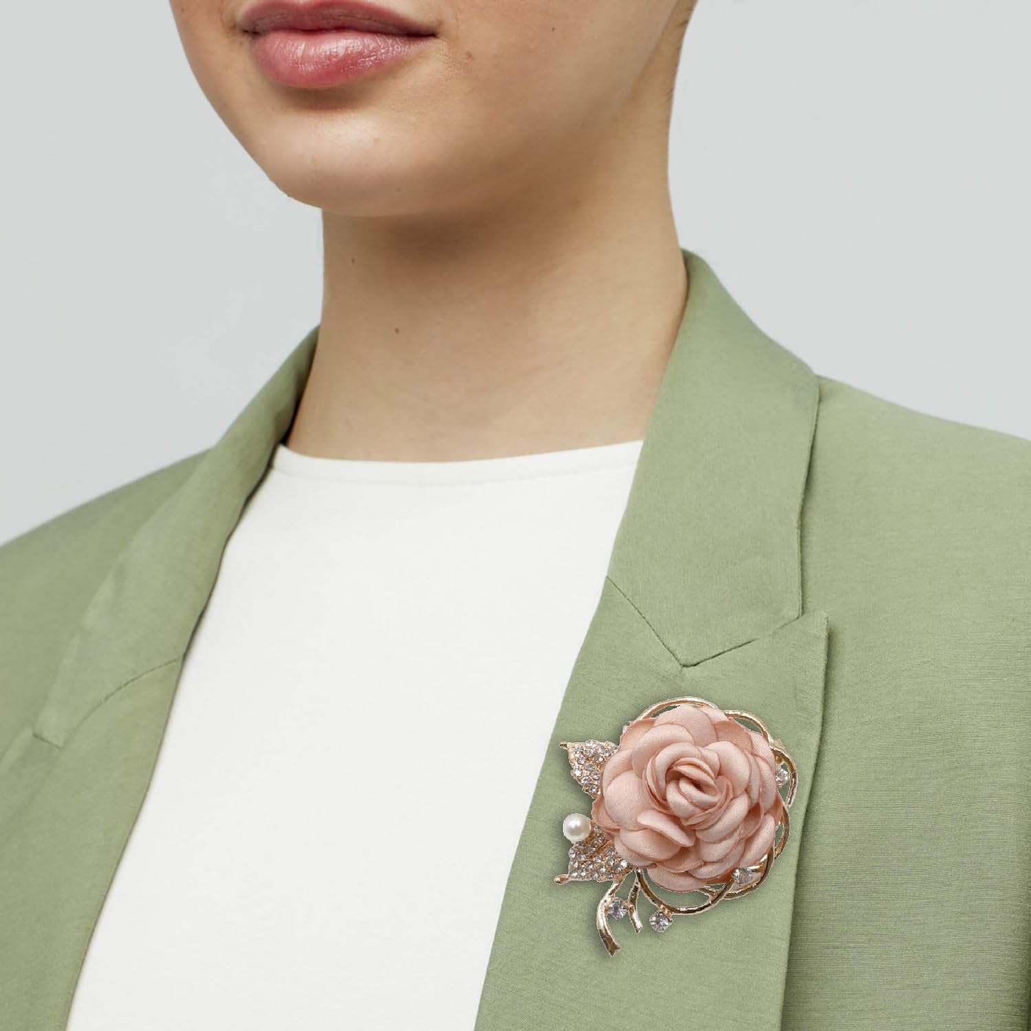 SYGA Women's Floral Brooch Pin with Rhinestones and Pearls (Pink)