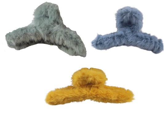 Soft Faux Fleece Fur Large Hair Clutcher/Hair Barrette Hair Clip Claw/Clamp/Pin/Fluffy/Accessories, Random Color For Women & Girls-Pack of 3 (Fog blue Mint Green Lemon yellow)
