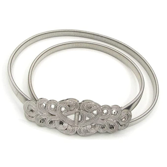 SYGA Women Metal Chain Flower Buckle Stretchy Skinny Belt, Silver (Fits Waist Size 26-36)