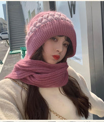 SYGA Women Winter Knitted Warm Hat With Scarf,Ear Protection Pompom Woolen Hat For Adult (White), Free Size