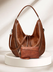 SYGA PACK OF 2 Women's Shoulder Cross-Border Large Capacity Hobo Bag with Wristlet(BROWN)