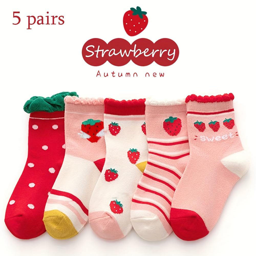 SYGA 5 Pairs Baby Girl & Baby Boy Socks, Toddlers Infant Cotton Stretch Crew Socks with Strawberry Design, Suitable for 1-3Years old baby