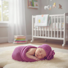 MOMISY Newborn Photography Photoshoot Prop, Crochet Costume Set, Knitted Sleep Bag with Flower Cap-Purple