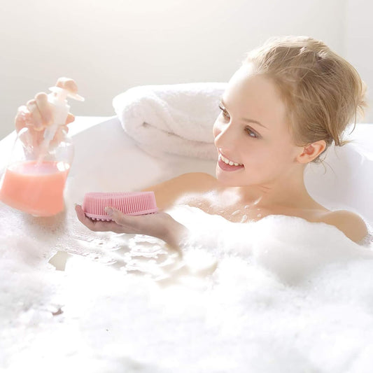 MOMISY 2-in-1 Silicone Body and Shampoo Brush, Exfoliating Bath Scrubber, Scalp Massager with Flat Head (Pink)