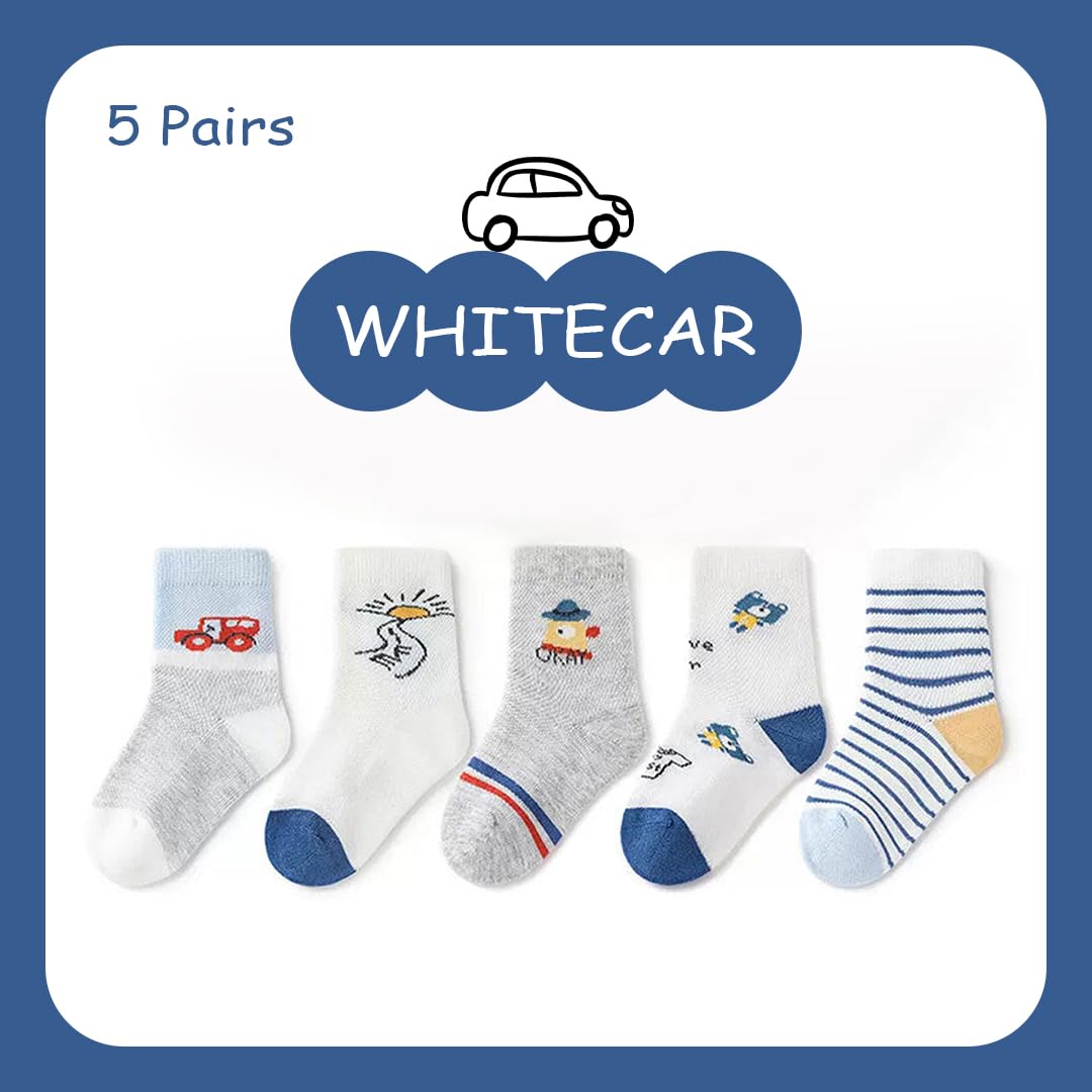 SYGA 5 Pairs Baby Girl & Baby Boy Socks, Toddlers Infant Cotton Stretch Crew Socks with WhiteCar Design, Suitable for 0-2 Years baby