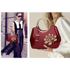 SYGA Women's Glossy Patent Leather Handbag With Flower Design & Color (White)