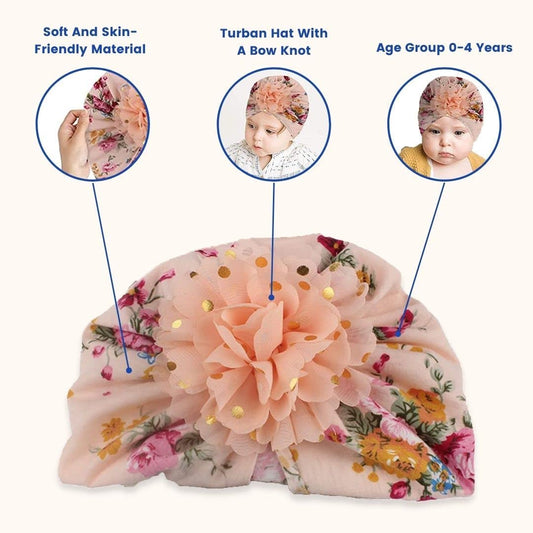 SYGA Baby Turban Hat, Toddler Beanie Cap Infant Hat 6 Month - 4 Year Cotton Floral Hat Headwear Cap Hat Accessories Unisex Hat, Peach Floral, 1 Piece