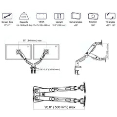 SYGA NB F160 Dual Monitor Desk Mount, Gas-Strut Arm for 17-27 inch Screens, 9kg Load Capacity per Arm, Black