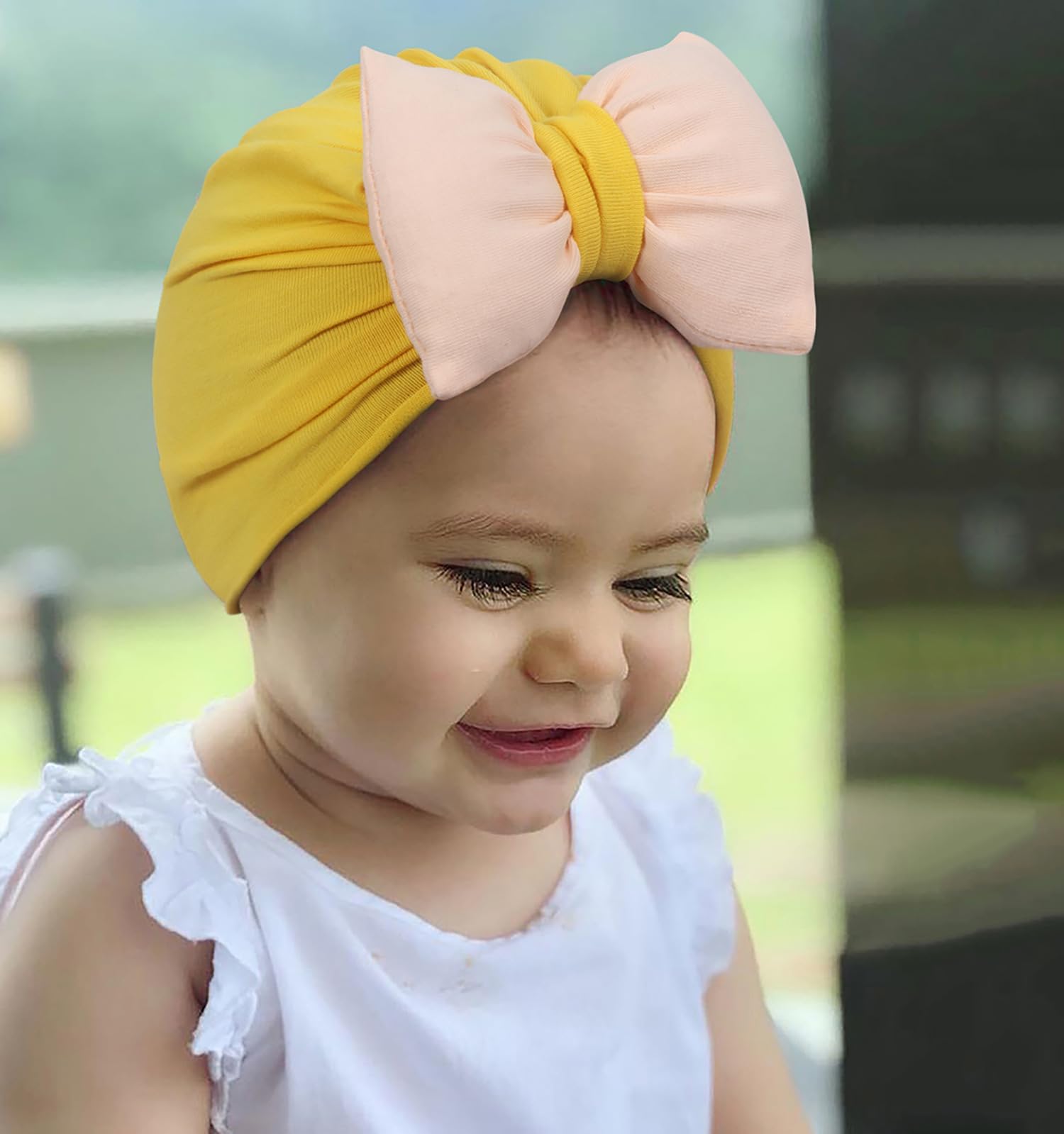 SYGA Plaid Bow Knot Turban Hat for New Born Baby Cap Streachable Toddler Infant Baby Head Wear Hats 0-4 Years (Light Gray (Pink Bow))