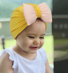 SYGA Plaid Bow Knot Turban Hat for New Born Baby Cap Streachable Toddler Infant Baby Head Wear Hats 0-4 Years (Light Gray (Pink Bow))