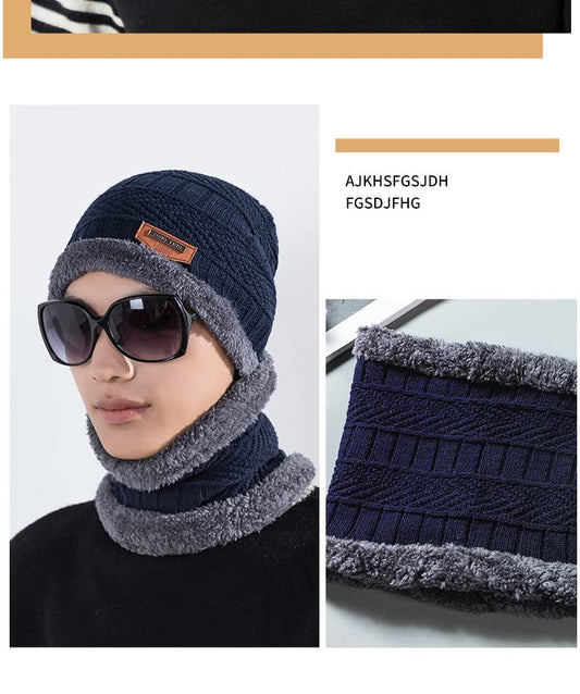 MOMISY Unisex Woolen Beanie Design Cap Plus Muffler Scarf Set for Men Women Blue