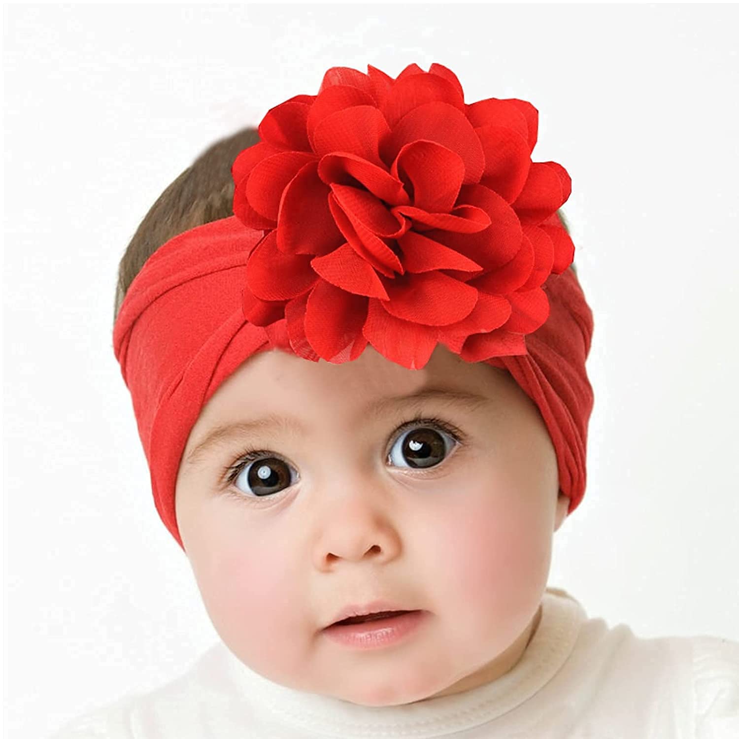 SYGA PACK OF 3 Headbands Nylon Flower Soft Stretchable Hairband for Newborn Infant Toddler Kids For 0-3 Year (MediumPink-Beige Yellow-Turquoise)