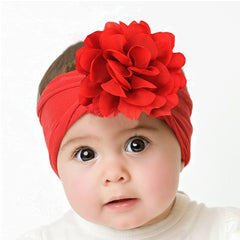 SYGA PACK OF 3 Headbands Nylon Flower Soft Stretchable Hairband for Newborn Infant Toddler Kids For 0-3 Year (MediumPink-Beige Yellow-Turquoise)