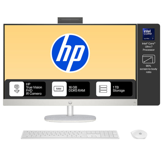 HP All-in-One, Intel Core Ultra 7 155U (16GB DDR5,1TB SSD) IPS, 300 nits, Anti-Glare, 27inch(68.6cm) FHD, Win11, M365, Office24, Shell White, 6.72kg, FHD IR tilt Camera w/Privacy shuttter, 27-cr1009in