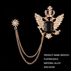 SYGA Luxury Crown Style Brooch for Men's & Women Suit Shirt Stud Brooch Lapel Pin Brooch Pin Chain Tassel Brooch Pin with Crystal Chain(Golden Crown Eagle Black Gemstone)