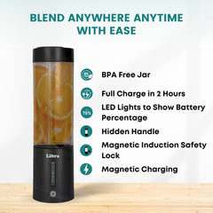 Libra Portable Blender for Smoothies & Juices â€“ USB Rechargeable Blender Juicer with 6 Blades, 450ml Capacity, 4000mAh Battery, 200W Motor, Waterproof Portable Juicer for Travel, Gym & Office (Black)