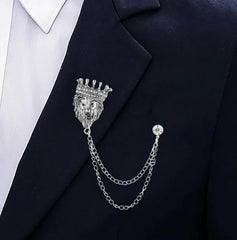 SYGA Men's & Women Classic Animal Lion Head Corsage Suit With Eagle Chain Lapel Pin Tassel Brooch Pin with Crystal Chain(Ancient silver crown lion head)