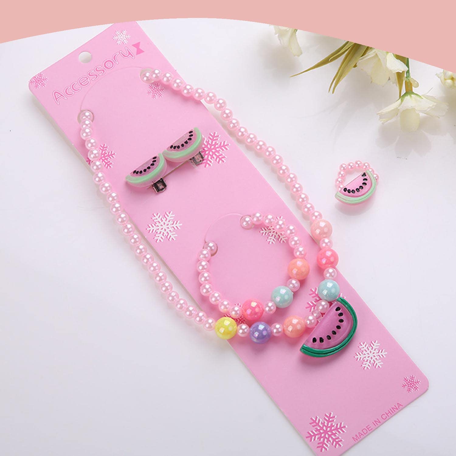 SYGA Children's Girls Necklace Earring Ring Set Jewelry Pearl Necklace Bracelet Set For Kids, Girl, Gift, Party (Watermelon)