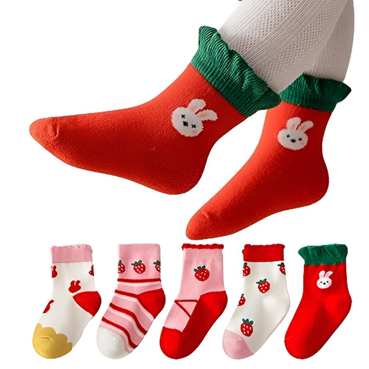 MOMISY 5 Pairs Girl Boys Tube Socks Toddlers Infant Solid Color Boat Spring and Autumn Socks Stretch Baby kids Sock (Strawberry, 6 Year to 8 Year)