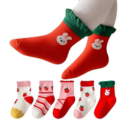 MOMISY 5 Pairs Girl Boys Tube Socks Toddlers Infant Solid Color Boat Spring and Autumn Socks Stretch Baby kids Sock (Strawberry, 1 Year to 3 Year)