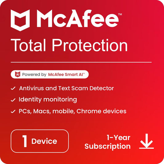 McAfee Total Protection 2025 | 1 Device, 1 Year | Antivirus Internet Security Software | Scam Protection & Identity Monitoring Included | PC/Mac/Android/iOS | Email Delivery