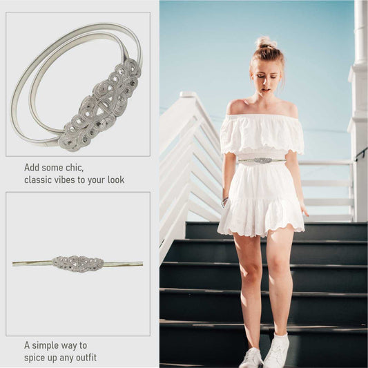 SYGA Women Metal Chain Flower Buckle Stretchy Skinny Belt, Silver (Fits Waist Size 26-36)