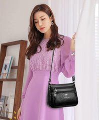 SYGA Leather Women's Shoulder Messenger Bag with Zipper Pockets (Black)