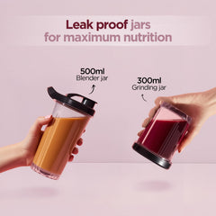 Preethi MiniBlend - Compact Blender & Juicer for Lump Free Purees & Smoothies | 25,000 RPM | Two Razor sharp Ninja blades, Two Leak-proof Jars with Sipper & Storage Lids | Free Lifelong Service