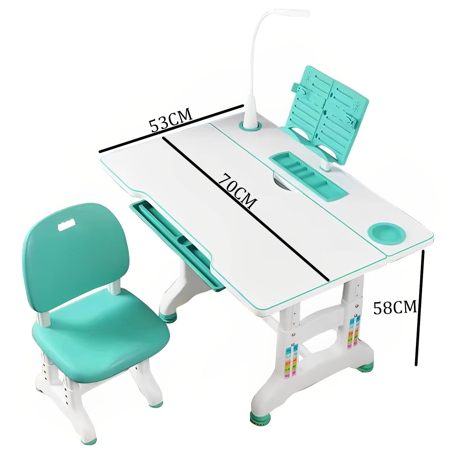 SYGA Kids Height Adjustable Desk and Chair Set Study Table Writing Desk with Eye Protection Lamp (70CM / Fruit Green Luxury)