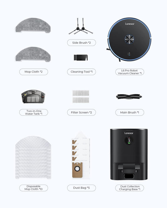 Laresar L6 Pro Robotic Vacuum Cleaner&Mop Combo-Auto Dirt Disposal,App Control,Works With Alexa,Lidar Navigation Smart Mapping,3000Pa Suction For Pet Hair,Floor,Carpet (1 Year Warranty)-Black,6 Hours