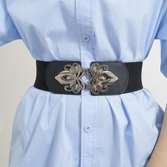 SYGA Women Cinch Belt, PU Leather Stretchy Waist Belt with Emblem Metal Buckle, Retro Style - Black((Fits Waist Size 25-35)