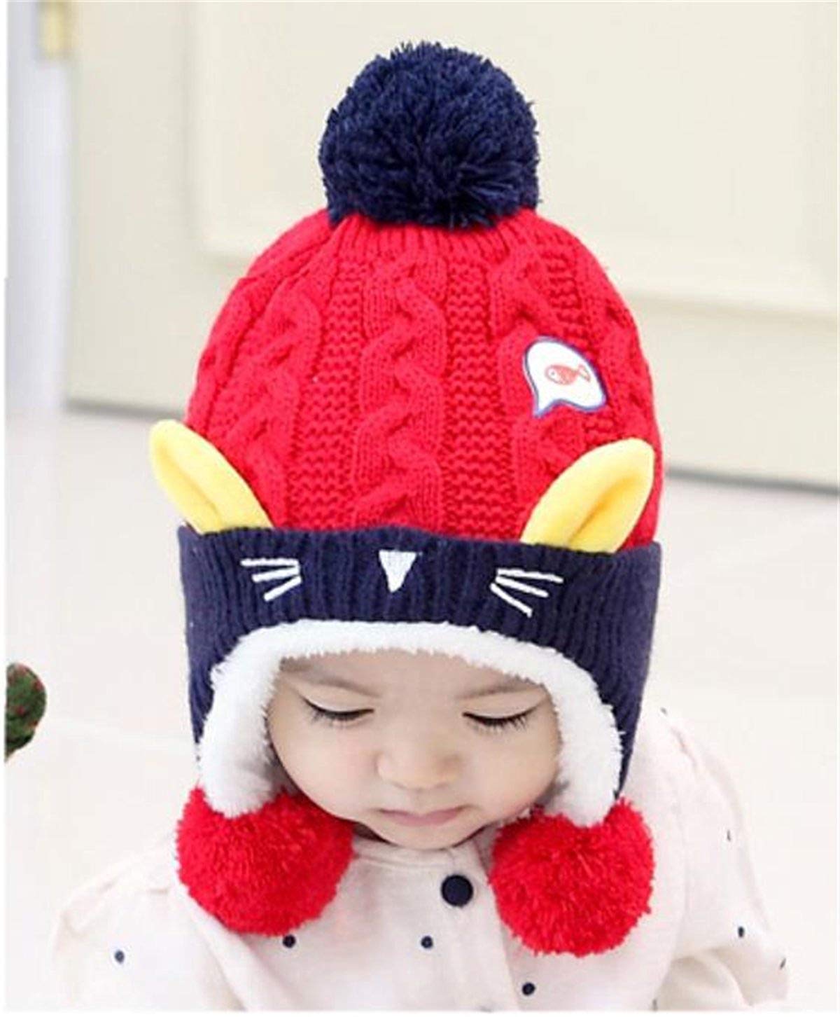 SYGA Winter Cap Ear Proction Beanie Knitted Pompom Baby Cap 2-5 Year Kids Cap Red