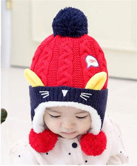 SYGA Winter Cap Ear Proction Beanie Knitted Pompom Baby Cap 2-5 Year Kids Cap Red