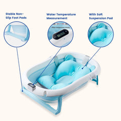 SYGA Baby Bath Tub, Foldable Bathtub with Support Cushion, Drain Plug,Stable Anti-Skid Collapsible Infant Shower Basin for Toddlers Newborns Bathing_Blue
