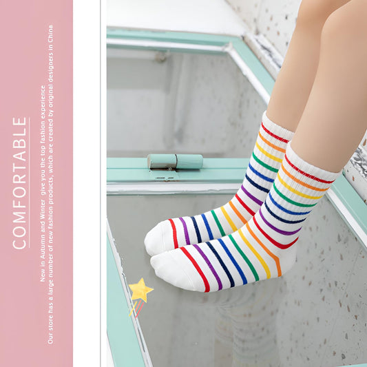 MOMISY 5 Pairs Girl Boys Tube Socks Toddlers Infant Solid Color Boat Spring and Autumn Socks Stretch Baby kids Sock (IN, Age, 3 Years, 5 Years, DarkRainbow)